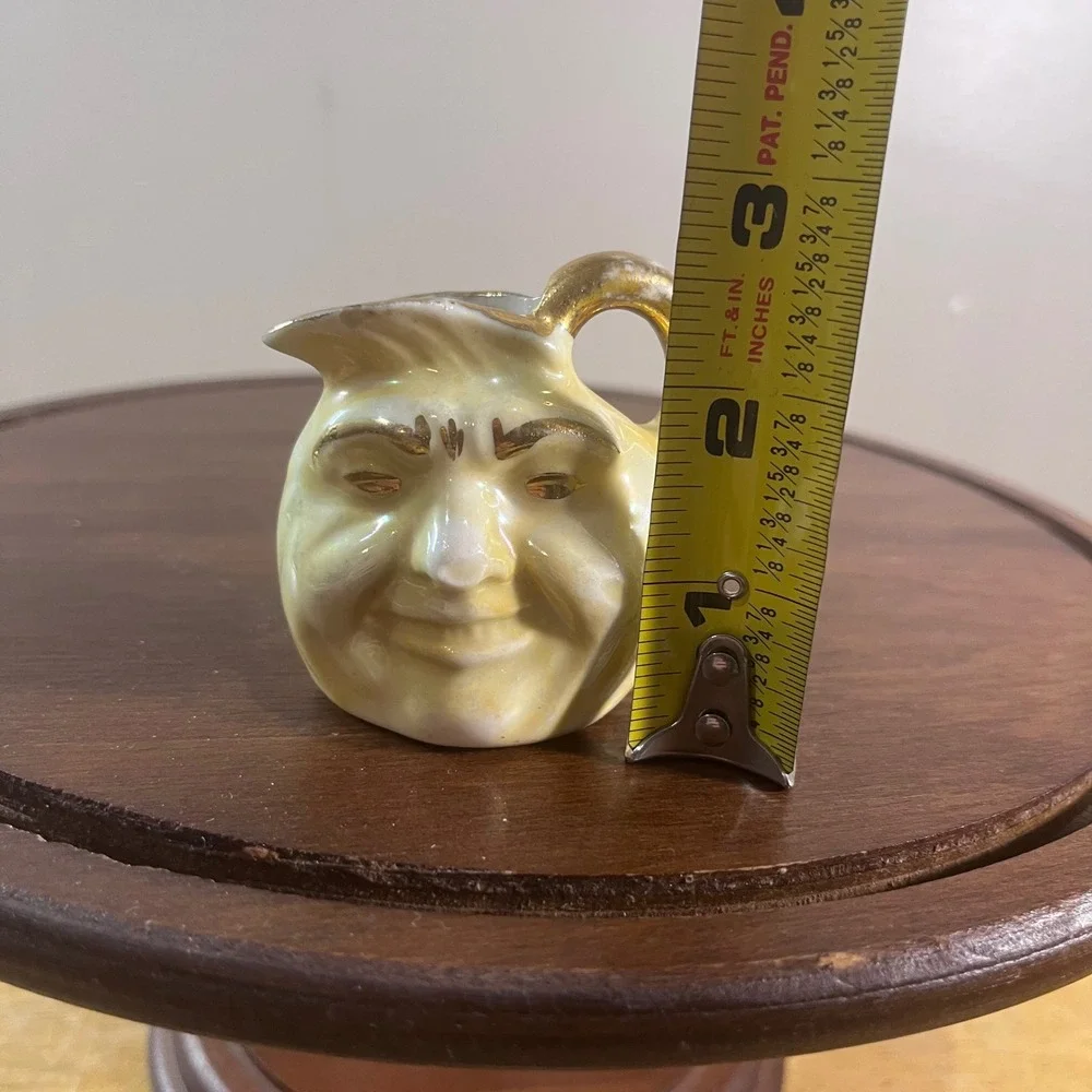 Vtg Man on Moon Face Miniature Creamer Pitcher Yellow Lustre Gold Trim 2.5